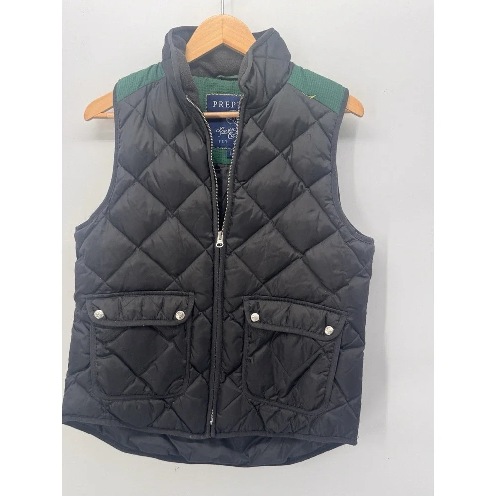 Lauren James Preptec Vest Women Large Black Down Filled Quilted Full Zip Pockets